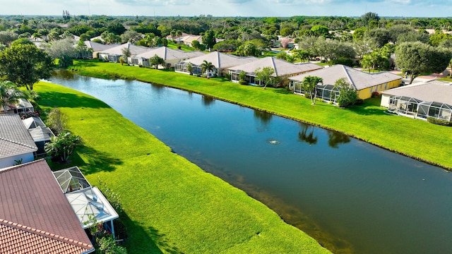 drone / aerial view featuring a water view