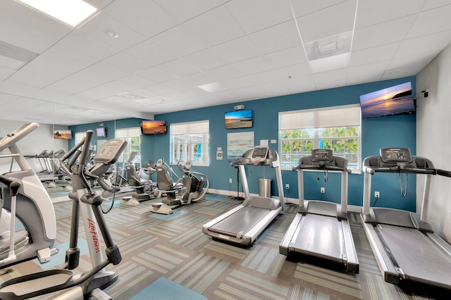 gym featuring carpet floors and a drop ceiling