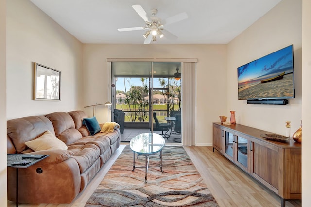 living room featuring ceiling fan and light hardwood / wood-style flooring