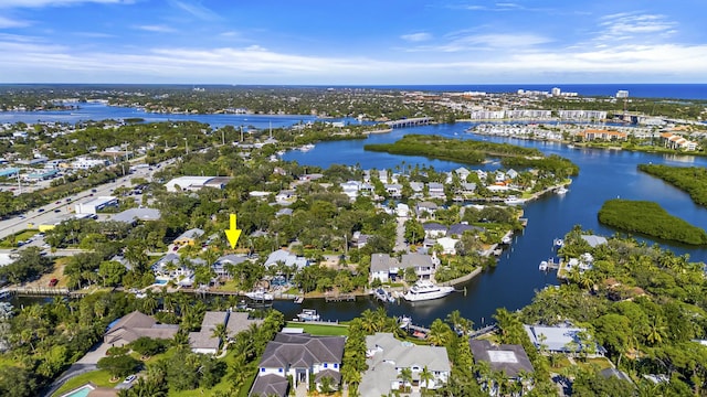 aerial view featuring a water view