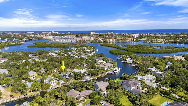 drone / aerial view featuring a water view