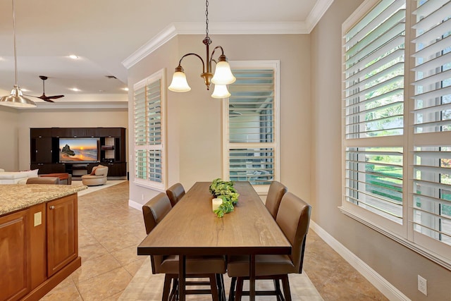 dining space featuring a notable chandelier, light tile patterned flooring, and crown molding