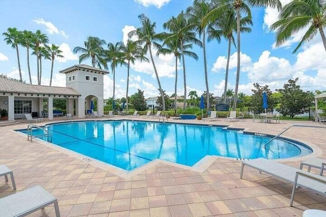 view of swimming pool featuring a patio area