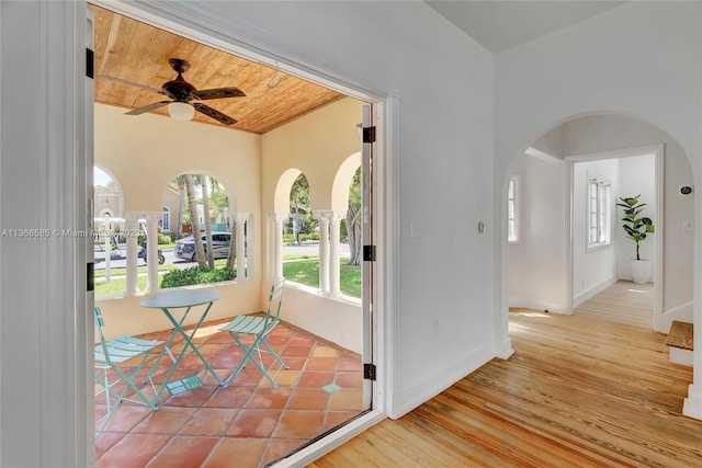 interior space featuring ceiling fan, light wood-type flooring, and wood ceiling