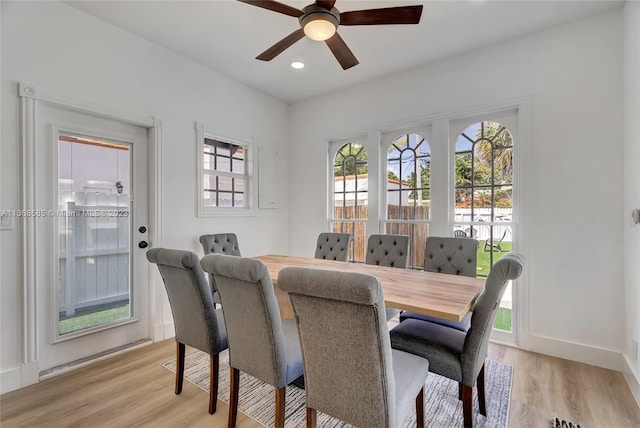 dining space featuring ceiling fan and light wood-type flooring