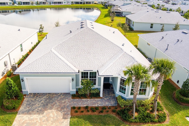 aerial view featuring a water view