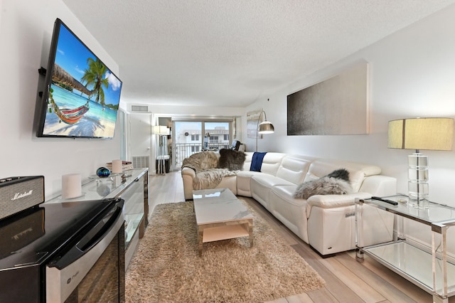 living room featuring a textured ceiling and light wood-type flooring