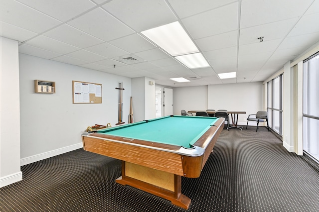 recreation room with a paneled ceiling, dark carpet, and billiards