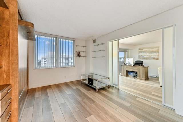 interior space featuring a textured ceiling and hardwood / wood-style flooring