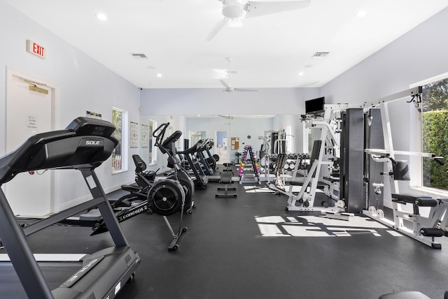 gym with a wealth of natural light and ceiling fan