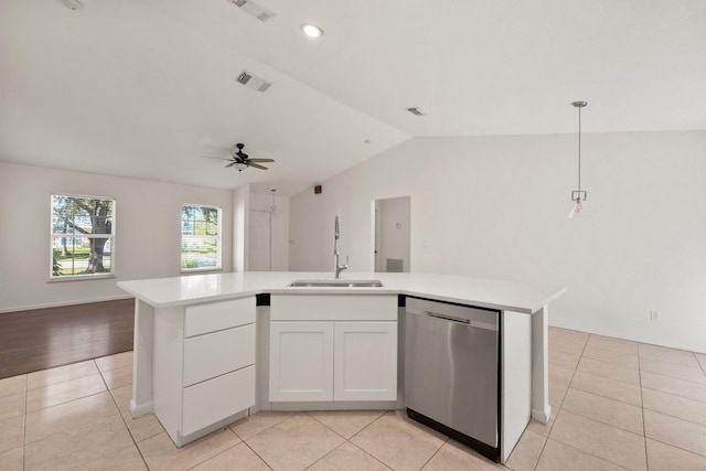 kitchen with dishwasher, white cabinetry, an island with sink, and decorative light fixtures