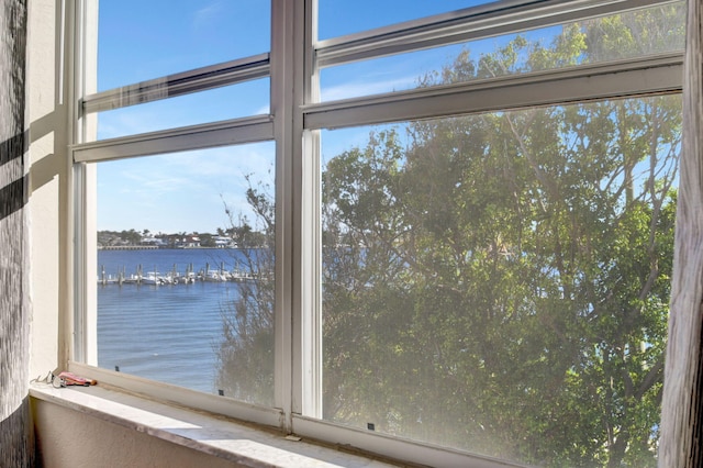 interior details featuring a water view