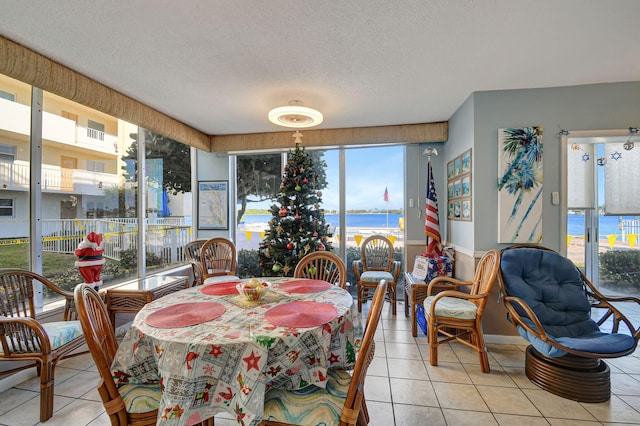 dining area with a water view, light tile patterned floors, and a wealth of natural light