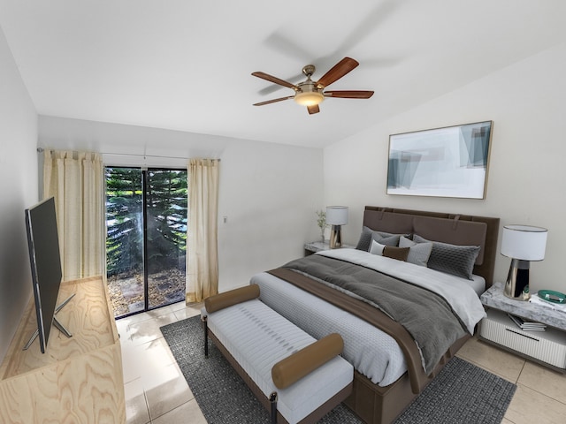 bedroom featuring ceiling fan, light tile patterned flooring, access to outside, and vaulted ceiling