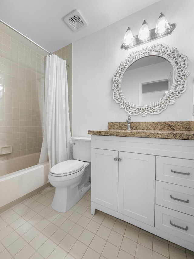 full bathroom with vanity, tile patterned flooring, and shower / bathtub combination with curtain