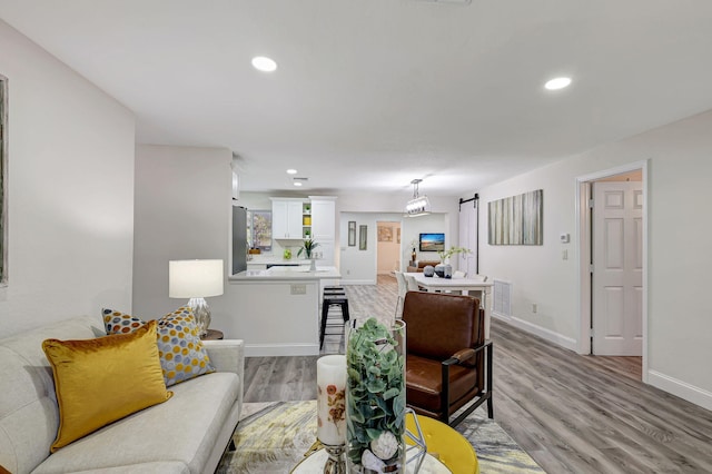 living room with a barn door and light hardwood / wood-style flooring