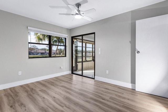 empty room with ceiling fan and light hardwood / wood-style flooring