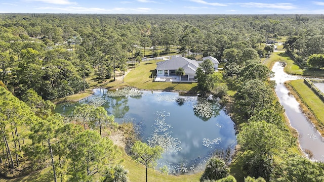 bird's eye view with a water view