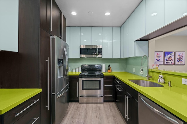 kitchen with backsplash, white cabinets, sink, light hardwood / wood-style flooring, and stainless steel appliances