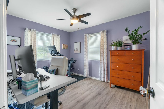 office area featuring ceiling fan and light hardwood / wood-style floors