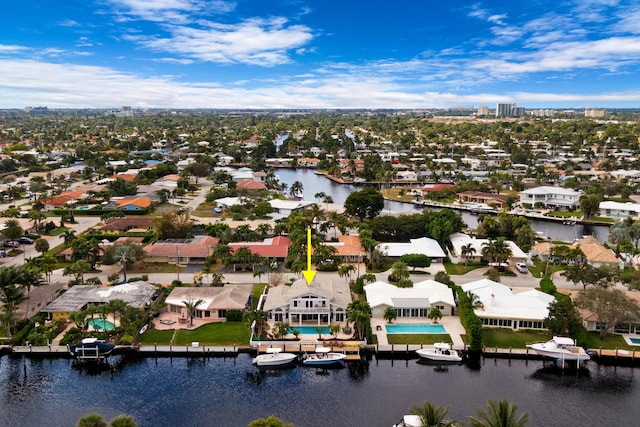 drone / aerial view with a water view