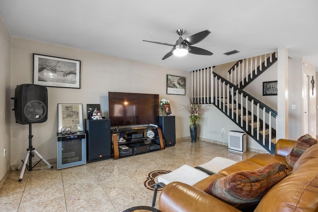 living room with ceiling fan