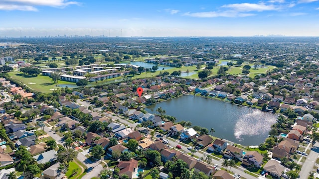 drone / aerial view featuring a water view