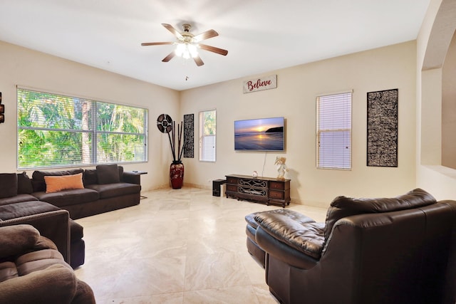 living room with ceiling fan