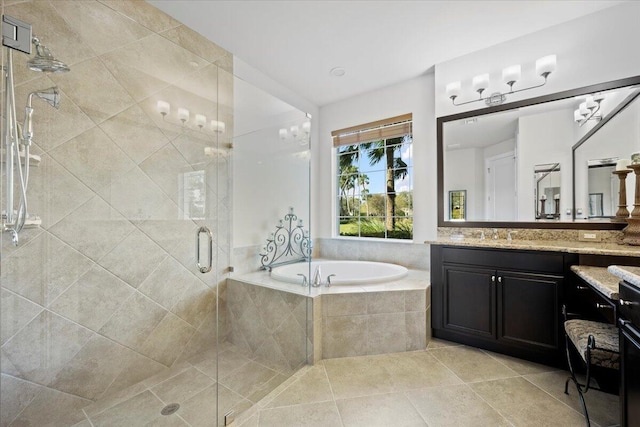 bathroom with separate shower and tub, tile patterned floors, and vanity