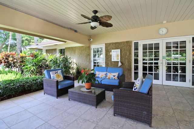 view of patio / terrace featuring ceiling fan, french doors, and an outdoor hangout area