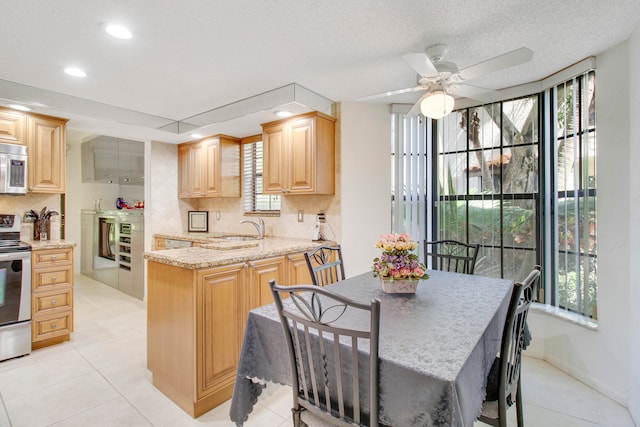 kitchen featuring decorative backsplash, light brown cabinetry, and a wealth of natural light