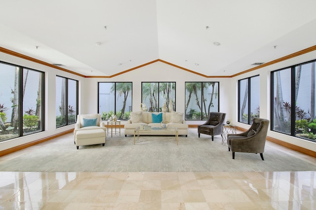 interior space featuring high vaulted ceiling and ornamental molding