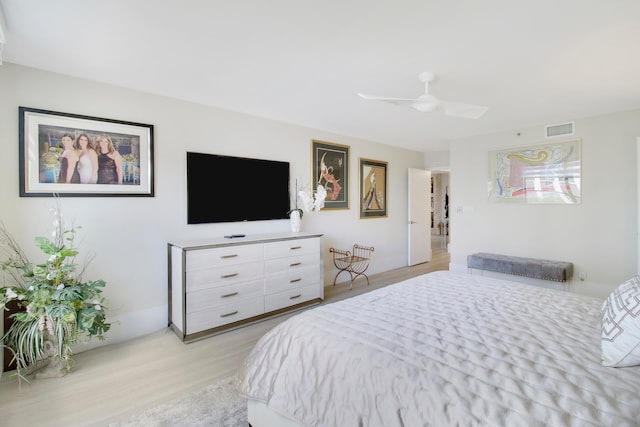 bedroom with ceiling fan and light hardwood / wood-style floors