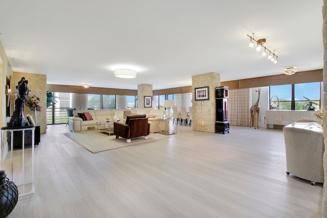 living room with a wealth of natural light and light hardwood / wood-style floors