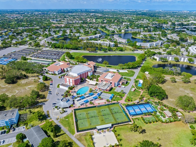 drone / aerial view with a water view