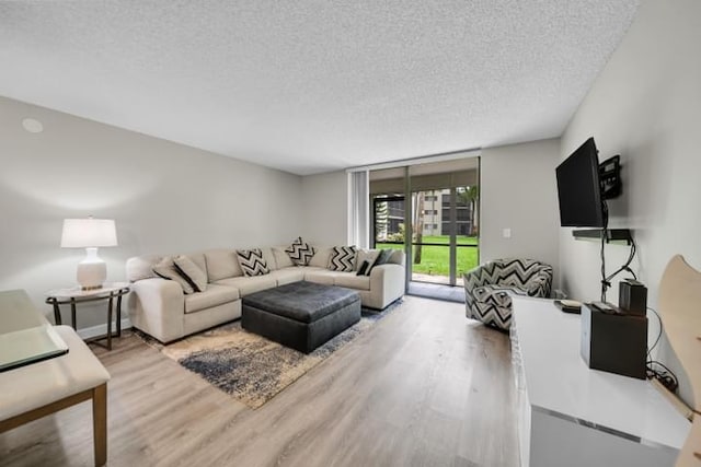 living room featuring a textured ceiling and hardwood / wood-style flooring