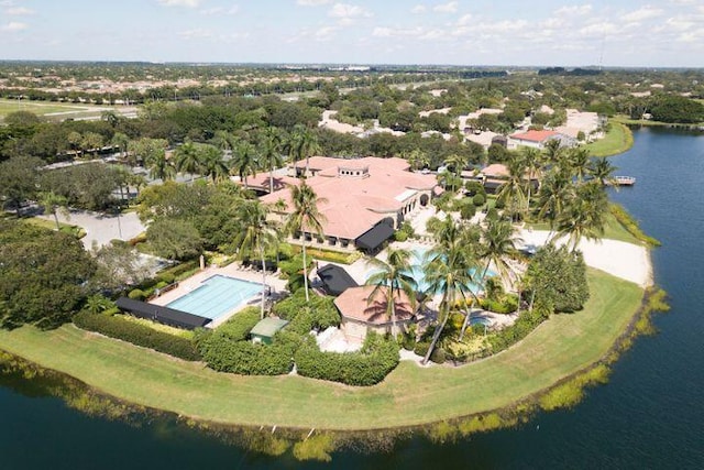 drone / aerial view featuring a water view