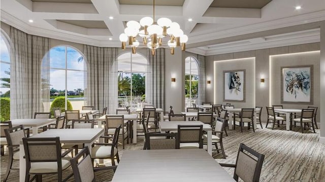 dining room featuring beam ceiling, an inviting chandelier, crown molding, and coffered ceiling