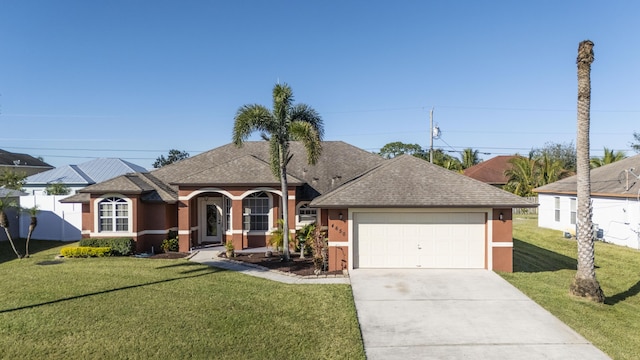 ranch-style house with a garage and a front lawn