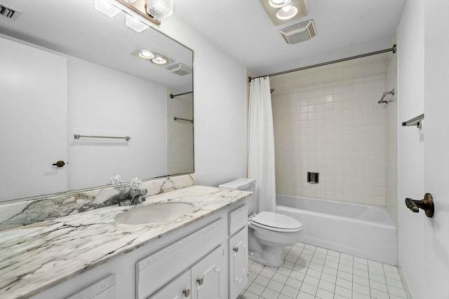 full bathroom featuring tile patterned flooring, shower / bath combination with curtain, toilet, and vanity