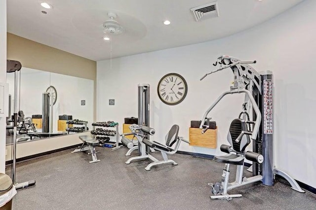 exercise room with ceiling fan