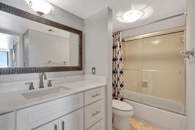 full bathroom featuring vanity, toilet, and shower / tub combo with curtain