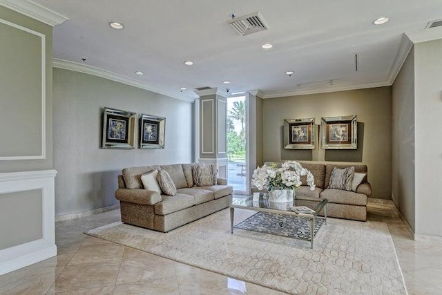 living room with ornamental molding