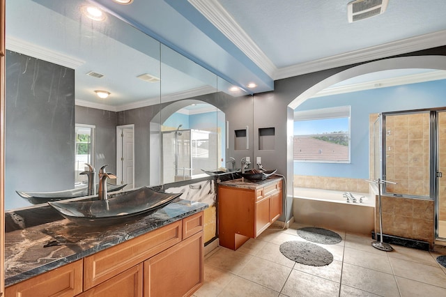 bathroom with tile patterned flooring, vanity, plenty of natural light, and plus walk in shower