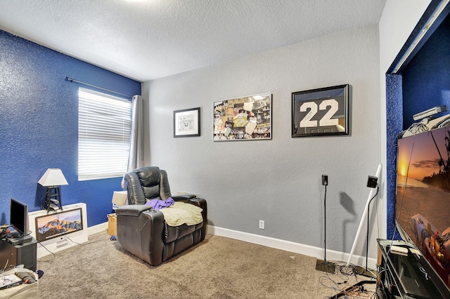 sitting room featuring carpet flooring and a textured ceiling