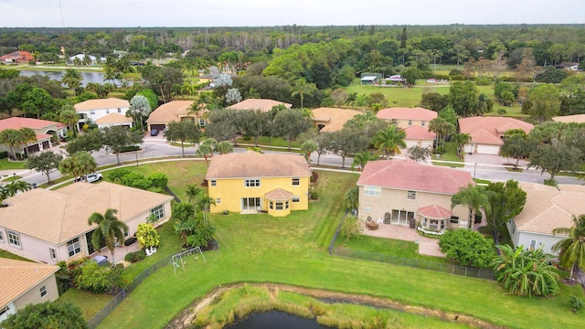 drone / aerial view featuring a water view