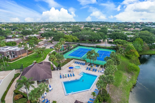 aerial view featuring a water view