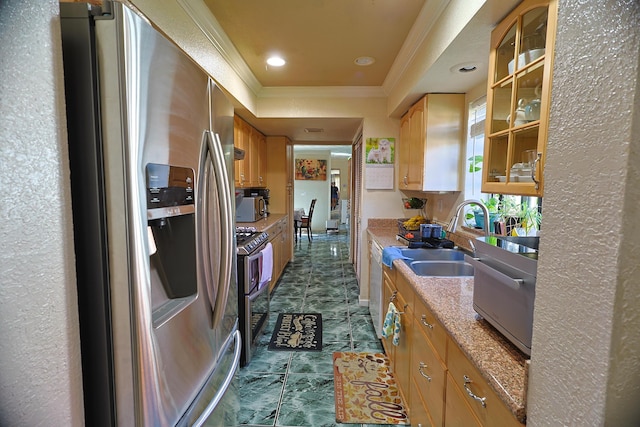 kitchen featuring stainless steel appliances, light stone counters, ornamental molding, and sink