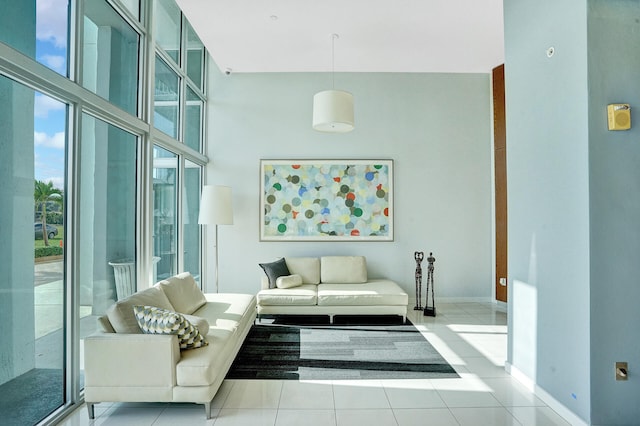 living room with light tile patterned flooring