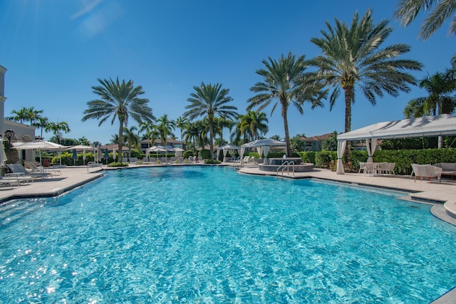 view of swimming pool with a patio